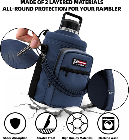NATURE PIONEOR Water Bottle Holder with Adjustable Strap - Half/One Gallon (64/128oz) Insulated Water Bottle Sling Carrier with Phone Pocket & Paracord Handle, Outdoor Camping, Hiking, Gym
