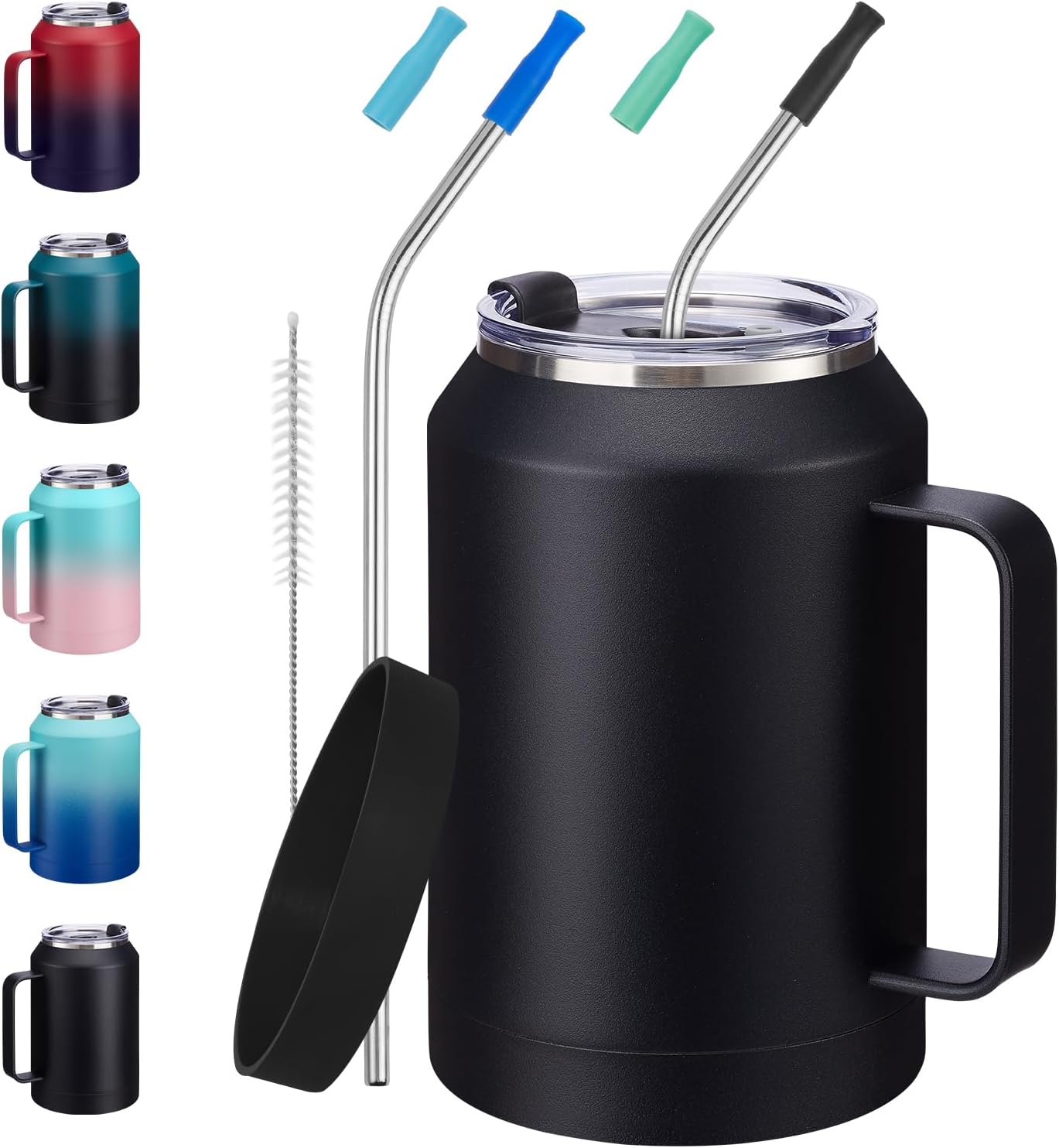 50 oz Insulated Tumbler with Handle and Straw - Stainless Steel Double Wall Coffee Mug, 2-in-1 Lid Metal Water Bottle, 36H Cold 24H Hot Travel Hydro Cup Jug with Silicone Boot