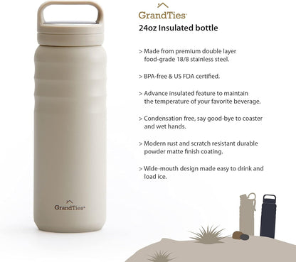 GRANDTIES 2 Lids Sports Stainless Steel Water Bottles – Wide Mouth Vacuum Insulated Reusable Leak Proof BPA-Free Travel Metal Canteen, Thermal Bottles for Men Women Gym (Ivory White 32 oz)