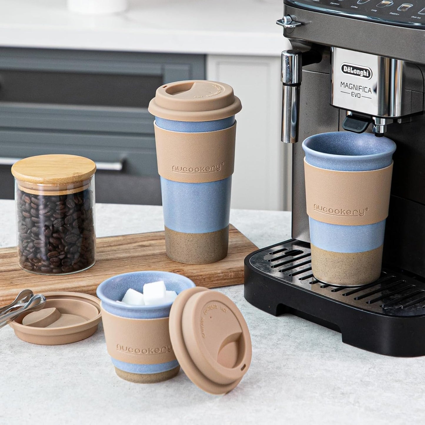 Nucookery Ceramic Travel Coffee Mug Set, Coffee Tumbler with Silicone Lid and Non-Slip Sleeve, Unique To Go Mug, Gifts for Women & Men, Microwave Safe Cappuccino, Tea, Latte, Iced-Coffee Cups, White