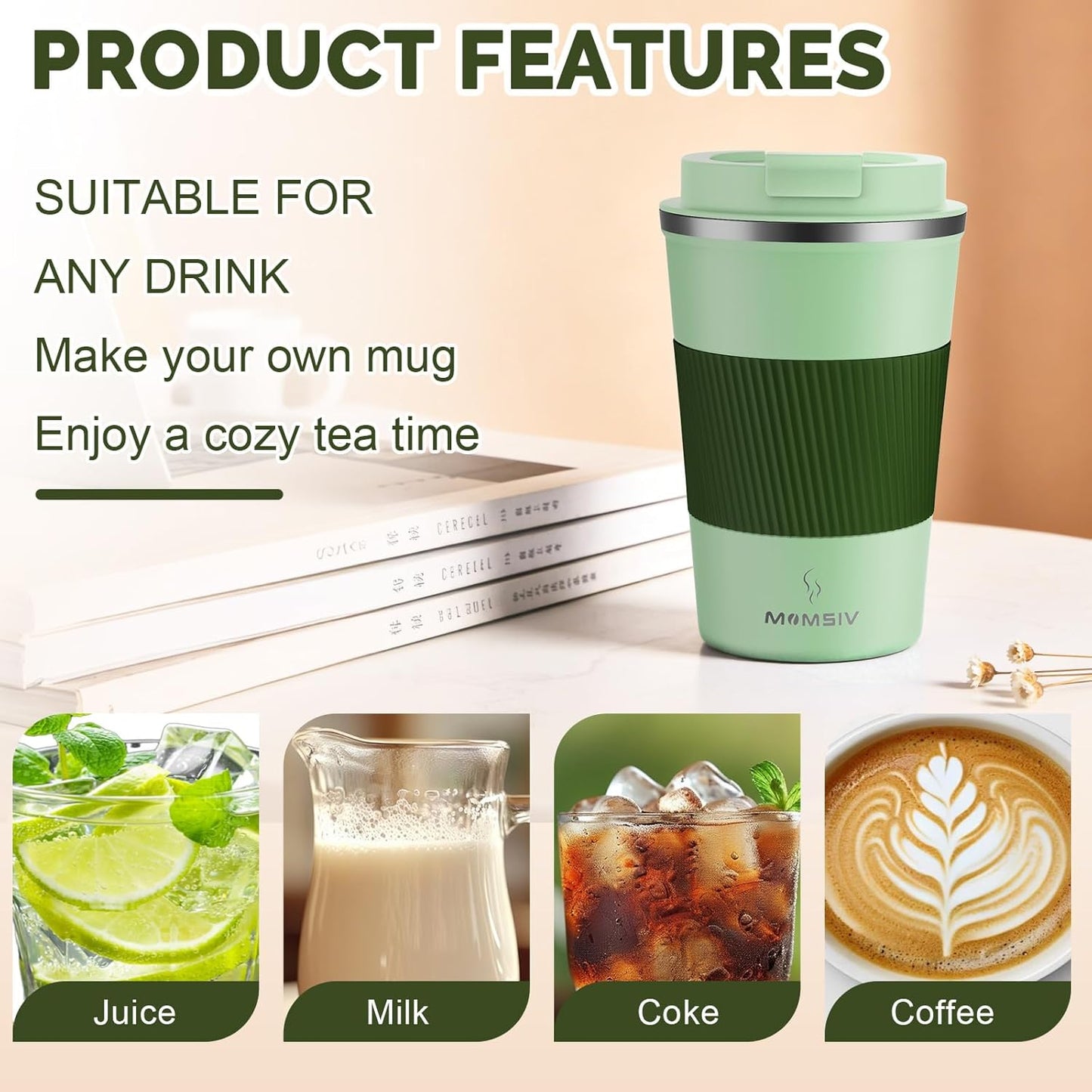 MOMSIV 12oz Travel Mug, Insulated Coffee Cup with Leakproof Lid, Travel Coffee Mug Vacuum Stainless Steel Double Walled Reusable Coffee Cup for Hot and Cold Water Coffee