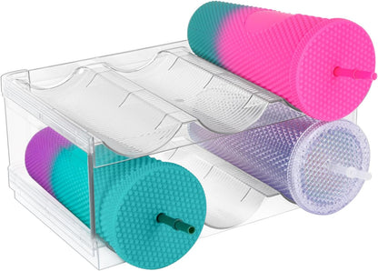 Stackable Water Bottle Organizer for Cabinet, Plastic Bottle Holder Designed for Starbucks Studded Tumblers up to 40oz, Plastic Cup Holder&Wine Rack for Pantry,Cupboard- 2 Layers Hold 6 Bottles