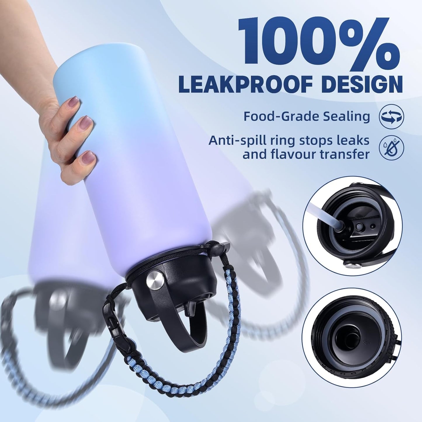 Insulated Water Bottle, 32 oz Stainless Steel Wide Mouth Water Bottles with 2 Leak Proof Lid and Paracord Handle, Double Wall Vacuum Insulated Sports Water Bottle, Purple Black