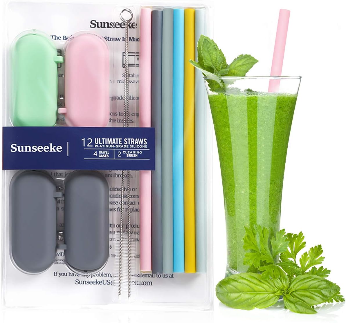 Sunseeke Silicone Straws Reusable - Odorless, 12 Standard Drinking Straws, 4 Carry Pouch, 2 Cleaning Brushes, Certificated Food Grade Platinum Silicone - 8 1/2" Long