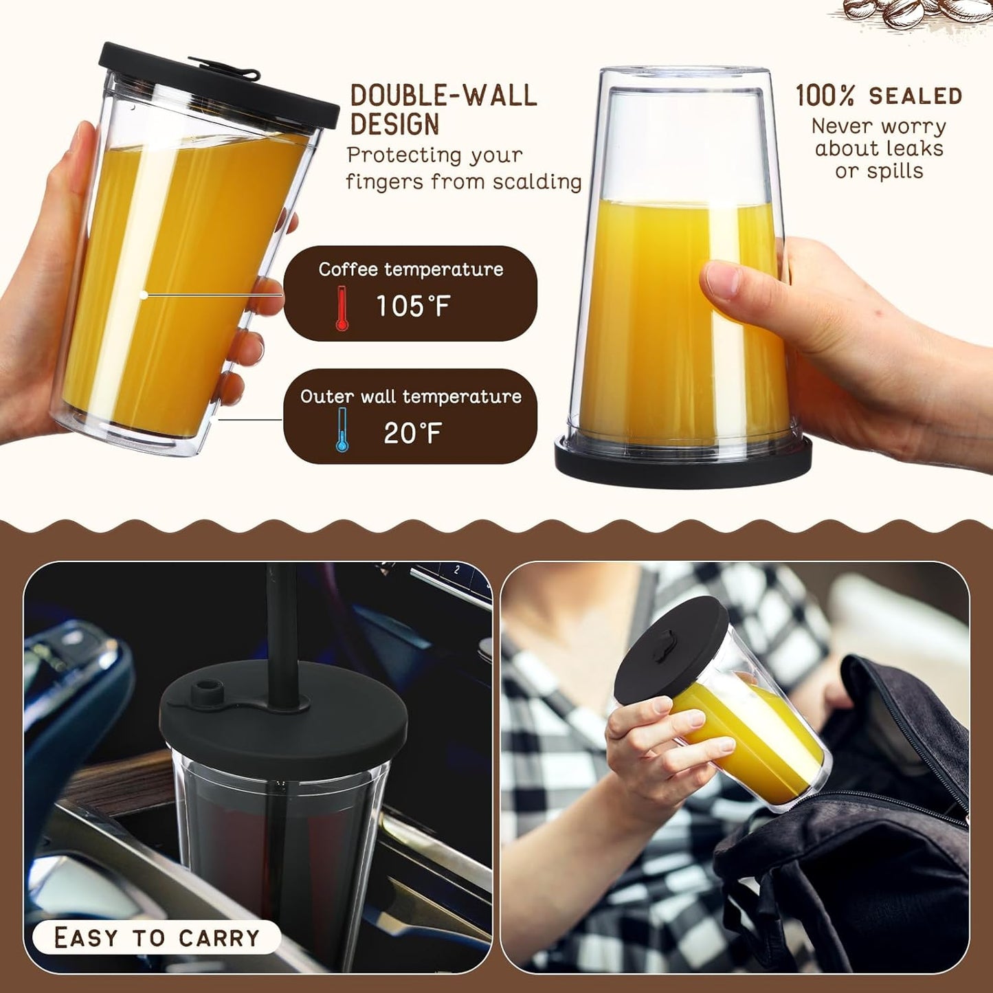 Honeydak 4 Pack 24 oz Reusable Iced Coffee Cups with Lids and Straws Leakproof Double Wall Insulated Clear Plastic Iced Coffee Tumblers with Straw Brushes