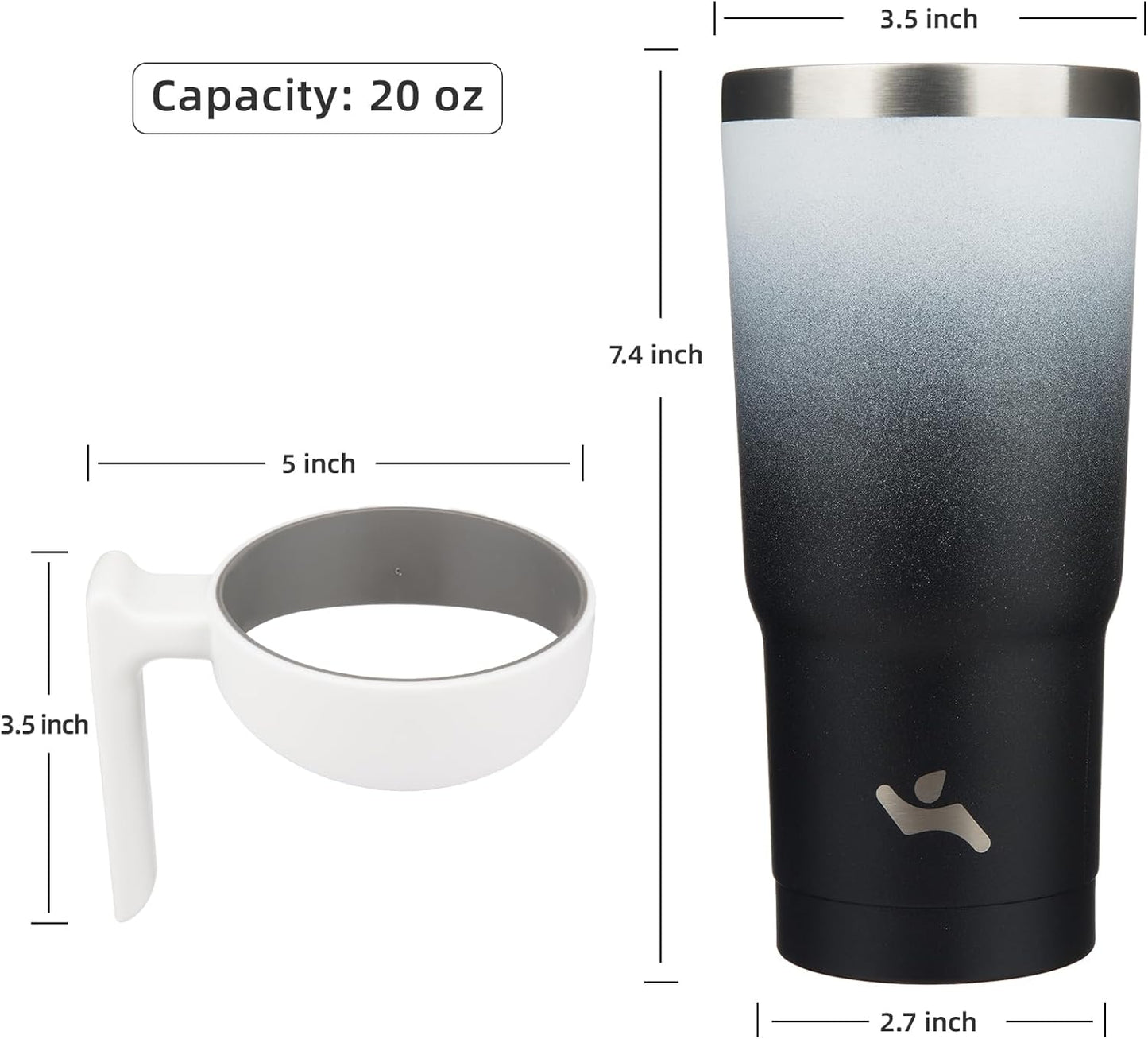 Konokyo 20 oz Tumbler with Handle and 2 Straw 2 Lid, Insulated Water Bottle Stainless Steel Vacuum Cup Reusable Travel Mug,Black