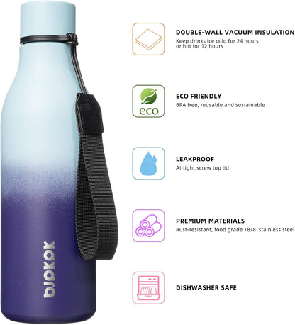 BJPKPK Insulated Water Bottles, 18 oz Stainless Steel Metal Water Bottle with Strap, BPA Free Leak Proof Jugs, Mugs, Flasks, Reusable Thermal Flasks for Sports & Travel, Black - Colors B