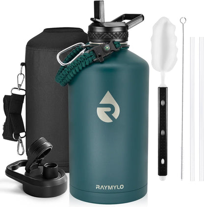 RAYMYLO One Gallon Water Bottle Insulated, Triple Walled Vacuum Stainless Steel (Cold for 48 Hrs), Leak Proof & Non-BPA, Large Water Flask Jug with Paracord Handle & Straw Spout Lids