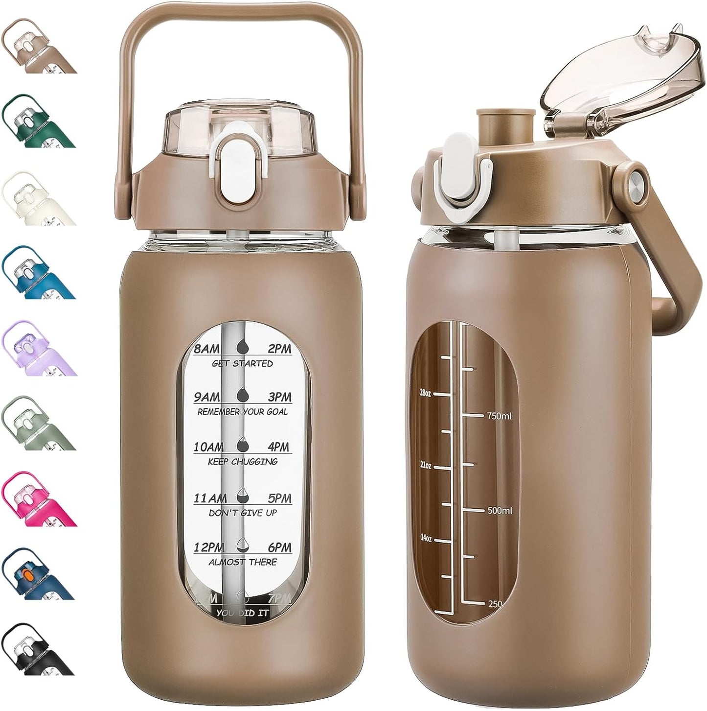 64oz Glass Water Bottles with Straw, Half Gallon Motivational Glass Bottle with Silicone Sleeve and Time Marker, 2L Leakproof Large Glass Water Jug for Gym Home Office,olive