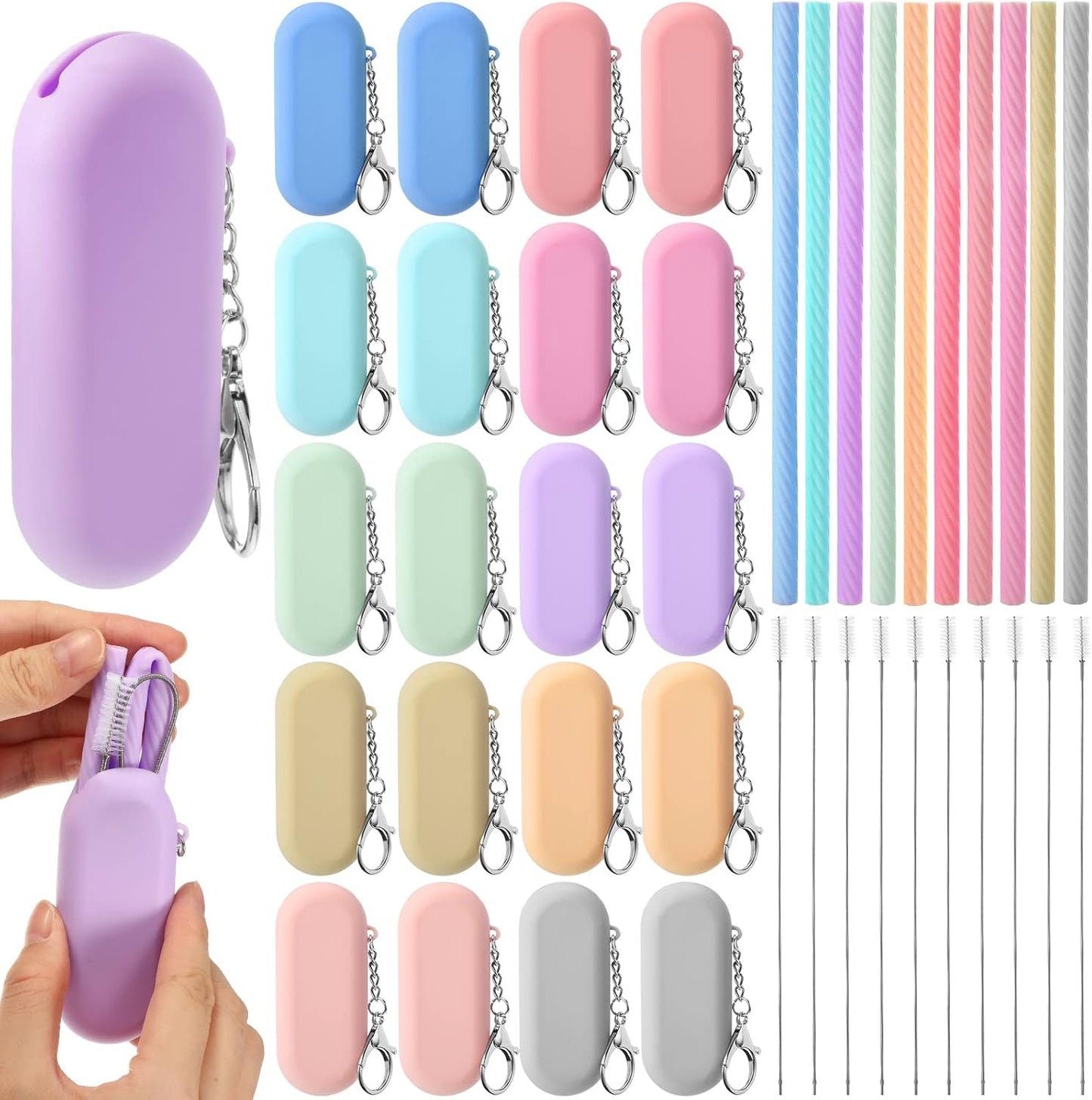 Irenare 20 Sets Silicone Straws with Case Reusable Collapsible Foldable Travel Portable Straw Cold or Hot Drinking with Carry Case, Long Cleaning Brush and Keychain, 10 Colors(Classic)