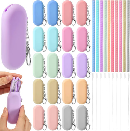 Irenare 20 Sets Silicone Straws with Case Reusable Collapsible Foldable Travel Portable Straw Cold or Hot Drinking with Carry Case, Long Cleaning Brush and Keychain, 10 Colors(Classic)