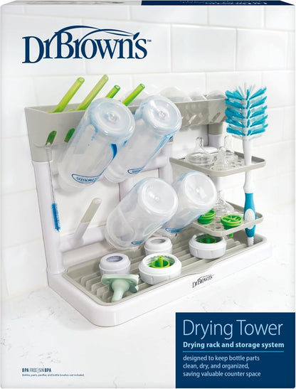 Dr. Brown's Baby Bottle Drying Tower, Stand-Up Countertop Drying Rack with Organized Storage for Baby Essentials, Space Saving Vertical Rack, Black/White