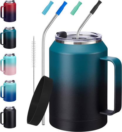 50 oz Insulated Tumbler with Handle and Straw - Stainless Steel Double Wall Coffee Mug, 2-in-1 Lid Metal Water Bottle, 36H Cold 24H Hot Travel Hydro Cup Jug with Silicone Boot