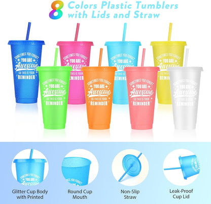 24 Pack Plastic Tumblers with Lids and Straw, Reusable Cups with Lids and Straws Colorful Cups for Cold Drink Iced Coffee, Plastic Tumbler Bulk for Party Birthday Gifts (24 oz, Stylish Colors)