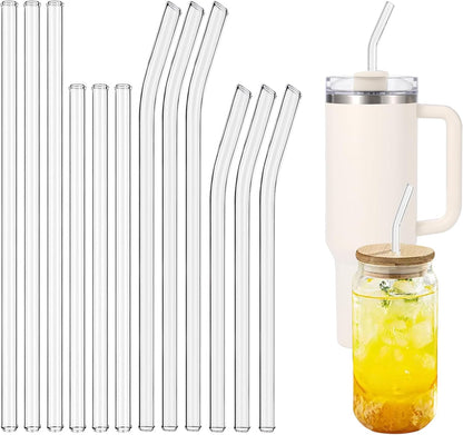 [12 Pcs] Reusable Glass Straws Shatter Resistant - 11" x 8mm and 9" x 8mm Clear Straws Each Including 3 Straight and 3 Bent with 2 Cleaning Brush for 30 oz and 20 oz Tumblers Juice Coffee Cocktail Tea