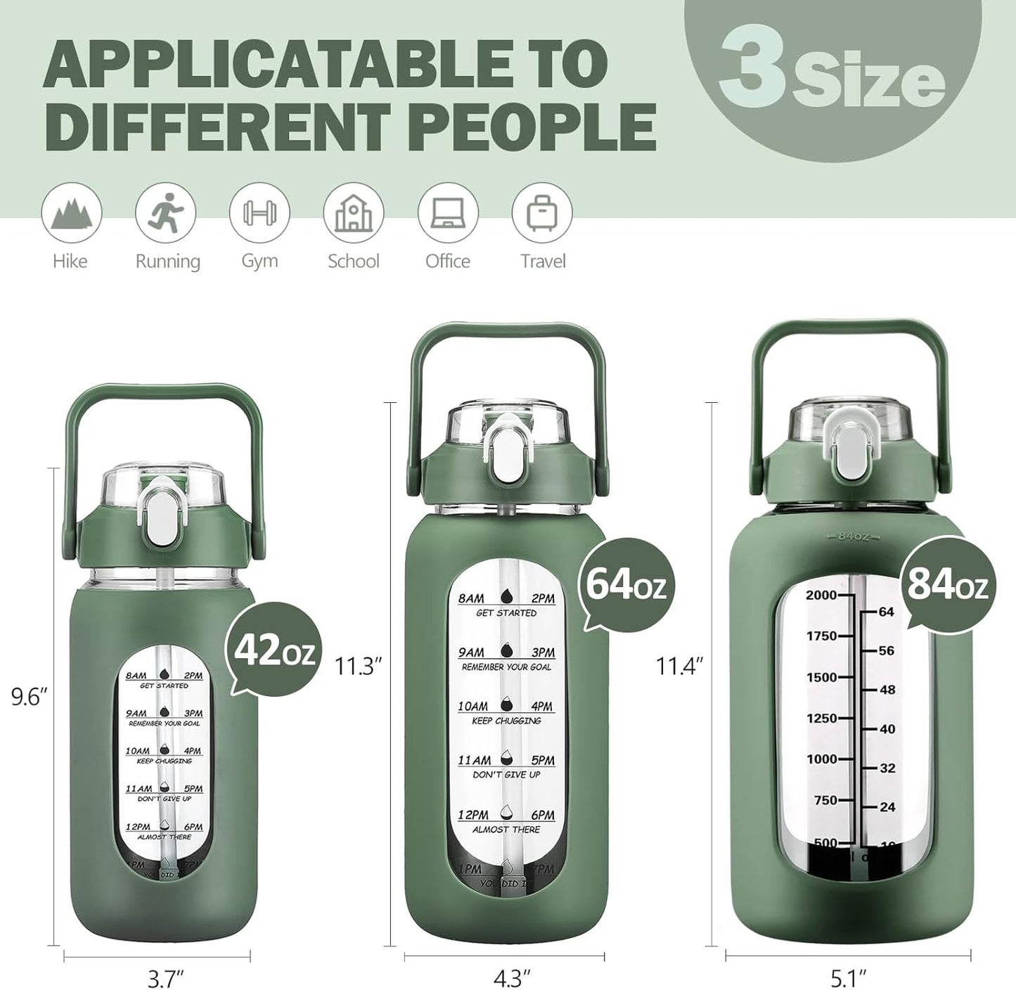 64oz Glass Water Bottles with Straw, Half Gallon Motivational Glass Bottle with Silicone Sleeve and Time Marker, 2L Leakproof Large Glass Water Jug for Gym Home Office,olive