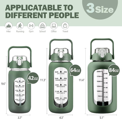 64oz Glass Water Bottles with Straw, Half Gallon Motivational Glass Bottle with Silicone Sleeve and Time Marker, 2L Leakproof Large Glass Water Jug for Gym Home Office,olive