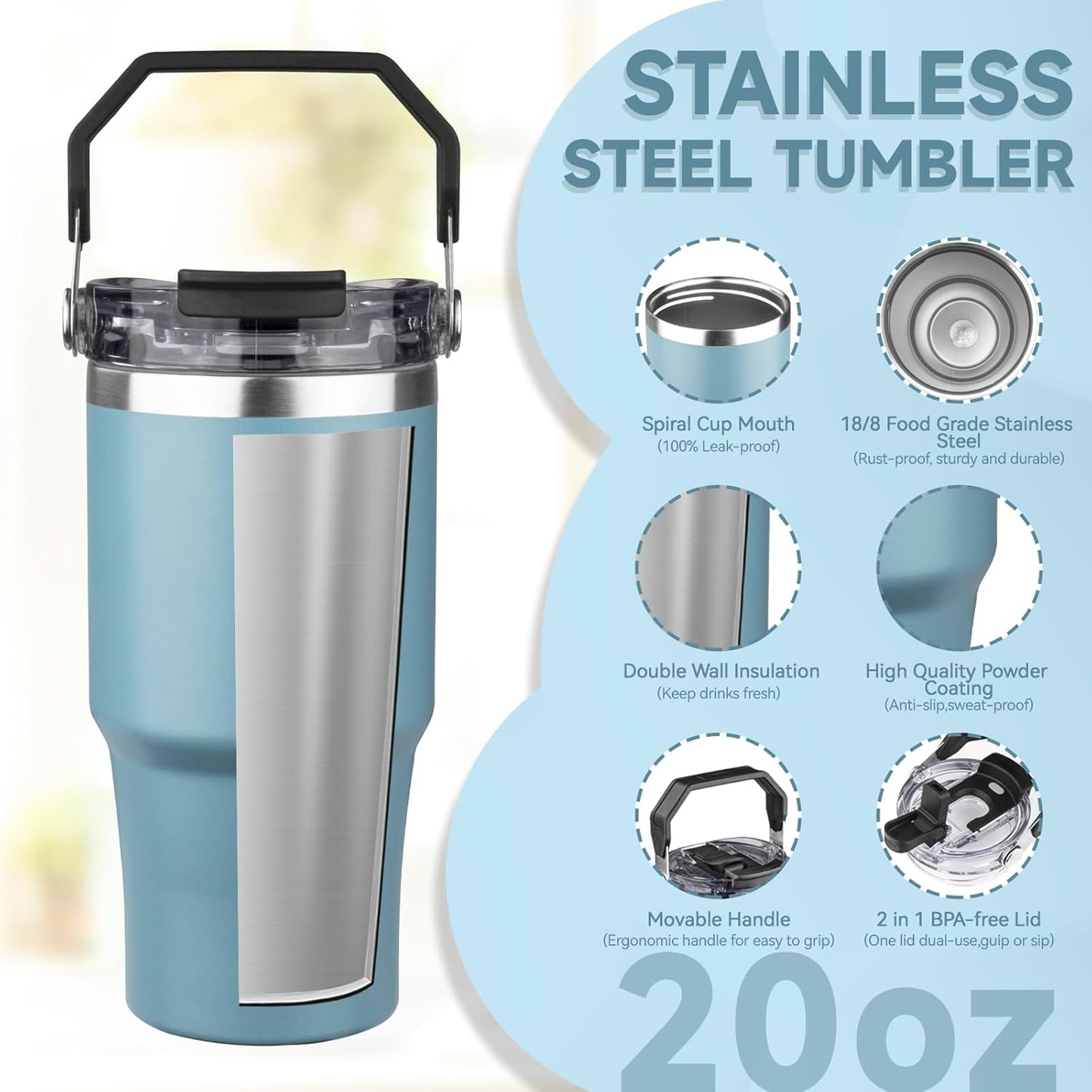 30oz Tumbler with Handle and Flip Straw Lid Double Wall Insulated Travel Coffee Mug Stainless Steel Vacuum Insulated Coffee Tumbler Cup for Hot and Cold Beverages,Leak-proof&BPA-free (30oz,Black)