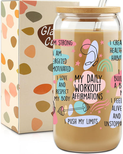 Birthday Gifts for Women Friendship, Christmas Inspirational Gifts for Friends, 16 Oz Drinking Glass Cups Tumbler W Lids Straws - Positive Daily Workout Affirmations Iced Coffee Cups, Christmas Gift