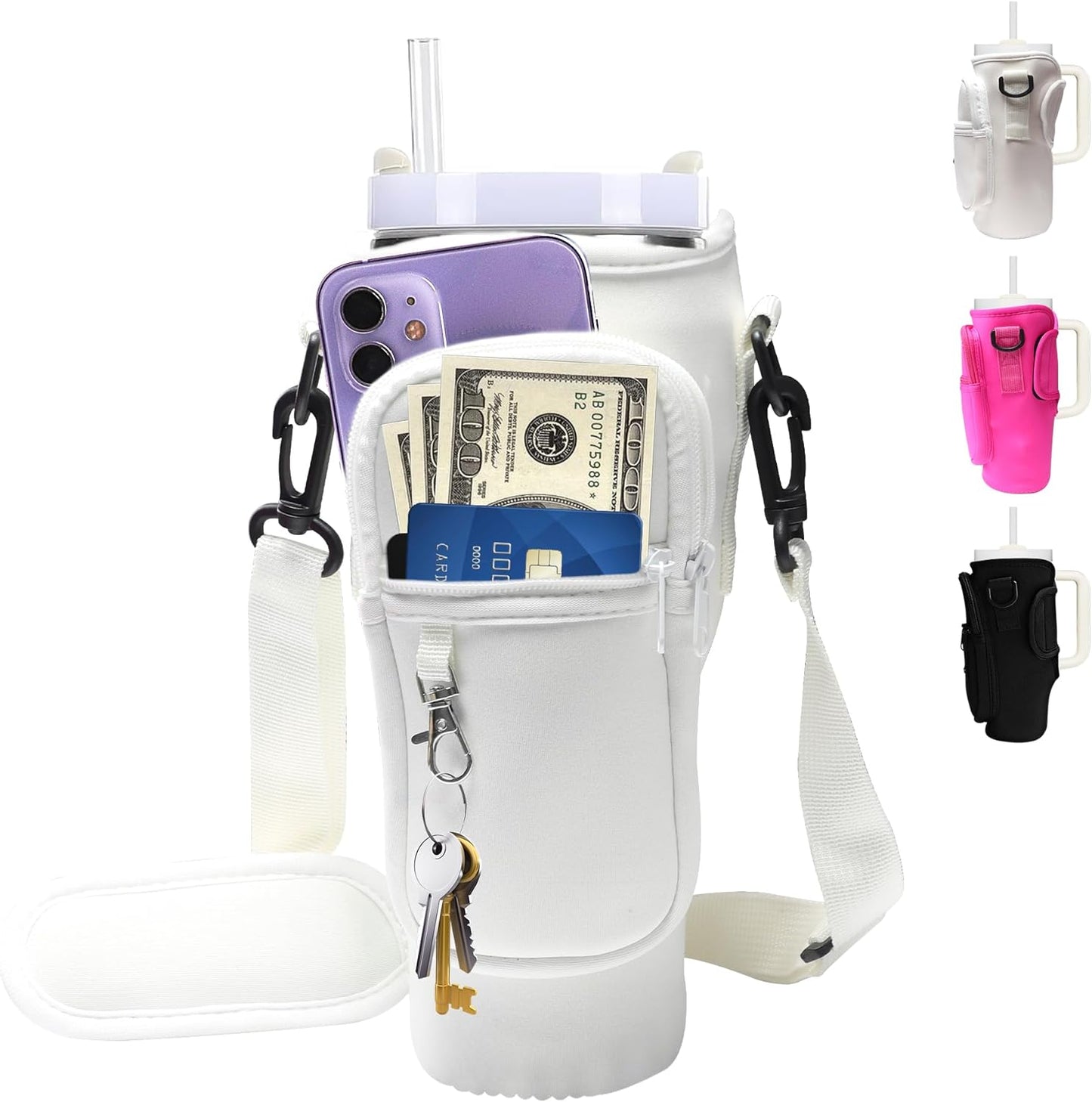 Water Bottle Carrier Bag with Strap for Stanley Cup 40oz/30oz with Phone Pocket, Neoprene Cross-Body Insulated Water Bottle Holder for Tumbler with Handle, Stanley Cup Accessories