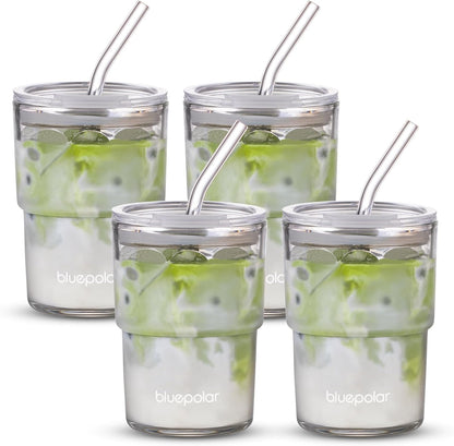 BLUEPOLAR 13oz/400ml Glass Water Tumbler with Straw and Lid Sealed Carry On Thick Wall Iced Coffee Cup Glass Cup for Water, Iced Tea Fruit Juice Etc (White-2Pack)