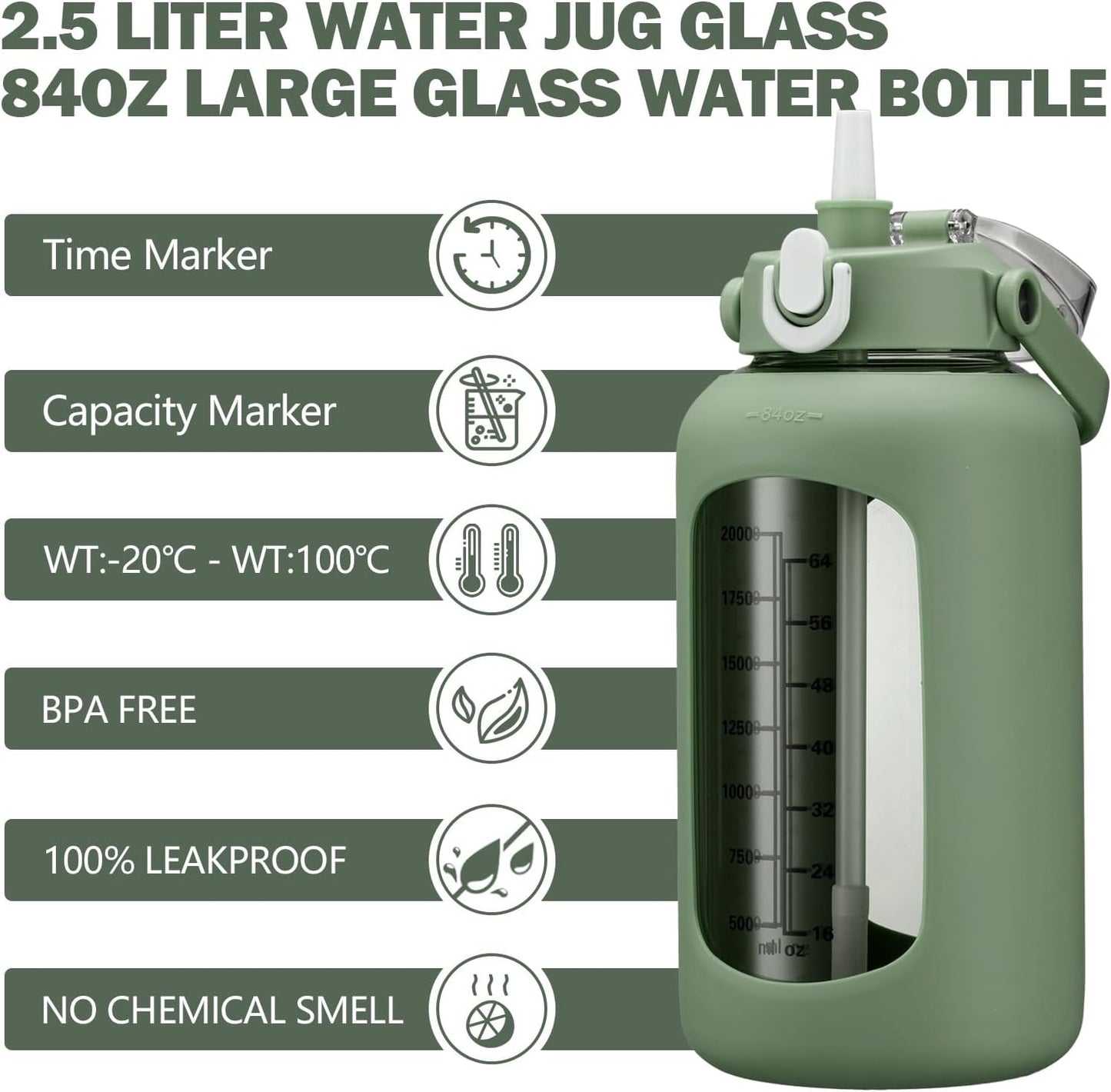 64oz Glass Water Bottles with Straw, Half Gallon Motivational Glass Bottle with Silicone Sleeve and Time Marker, 2L Leakproof Large Glass Water Jug for Gym Home Office,olive