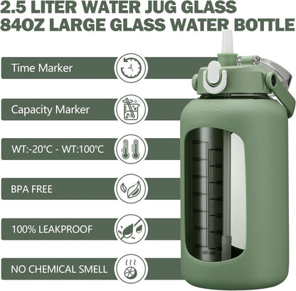64oz Glass Water Bottles with Straw, Half Gallon Motivational Glass Bottle with Silicone Sleeve and Time Marker, 2L Leakproof Large Glass Water Jug for Gym Home Office,olive