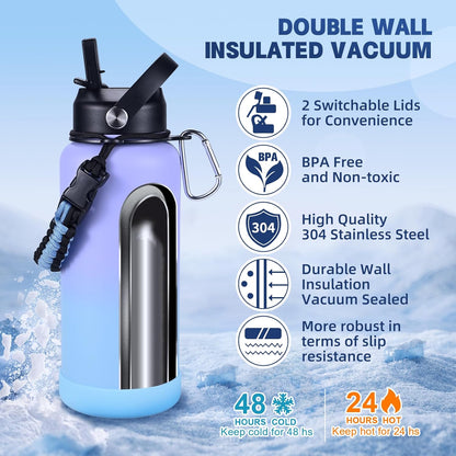 Insulated Water Bottle, 32 oz Stainless Steel Wide Mouth Water Bottles with 2 Leak Proof Lid and Paracord Handle, Double Wall Vacuum Insulated Sports Water Bottle, Purple Black