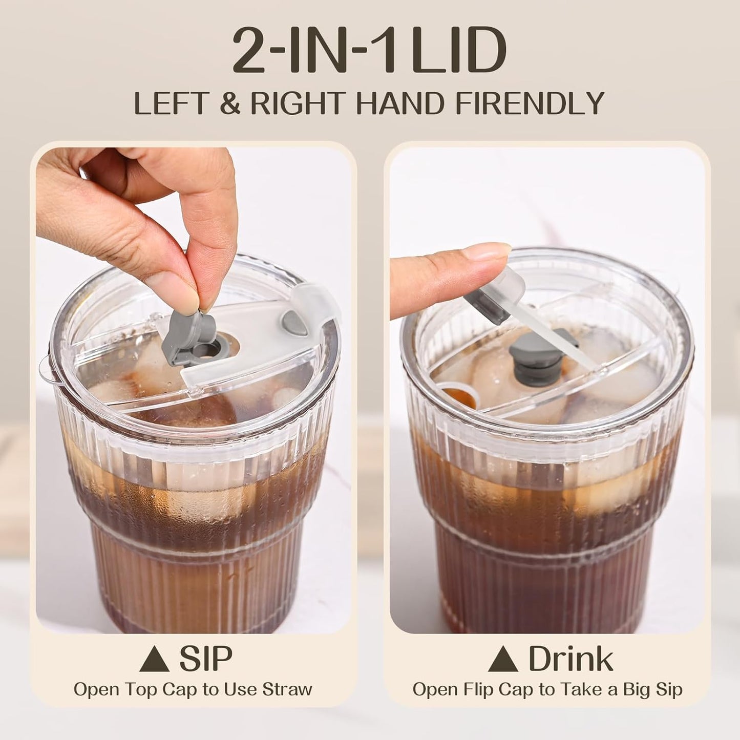 13oz Iced Coffee Cups,2Pcs Glass Cups with Lids and Straws Drinking Glasses,Clear Ribbed Glassware,Reusable Tumbler Glass to Go Cup for Matcha, Iced Tea,Juice