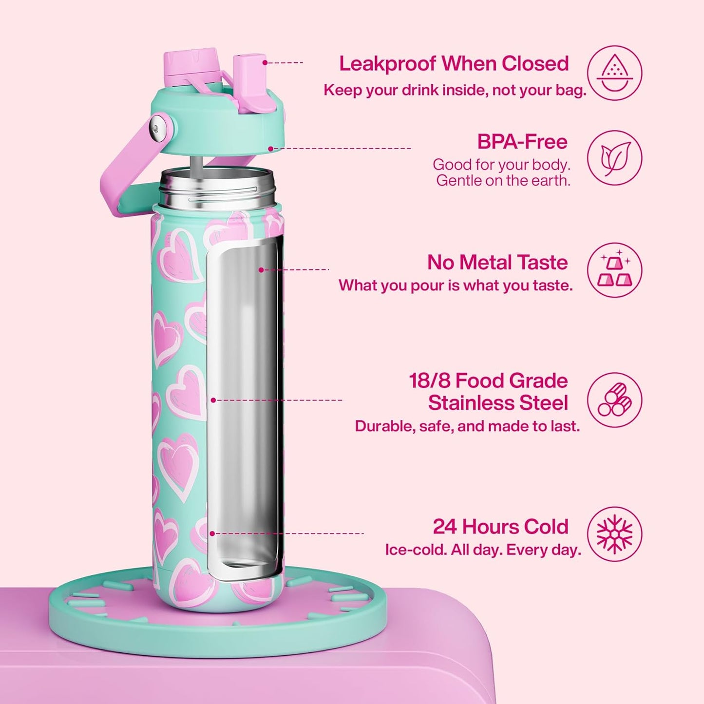 ENCOOL Insulated Water Bottle with Straw Stainless Steel Water Bottle, Leak-Proof, BPA-Free, Double Wall Vacuum Keeps Cold for 24 Hours for Sports, Travel, School (26 oz, Cotton Candy) - Colors D