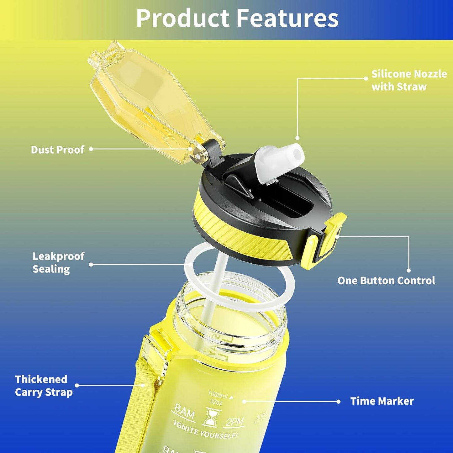 QLUR Water Bottle with Straw, 32oz Motivational Water Bottles with Time Marker to Drink, Tritan BPA Free, 1L Sports Water Bottle with Carry Strap LeakProof for Women Gym Fitness Outdoor (1 Pack)
