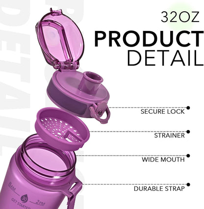 32oz Water Bottle with Time Marker, Motivational Drinking Bottle with Strap, BPA-Free Leak-Proof, Encouraging Water Bottle Time to Drink Water for Gym School Office Travel