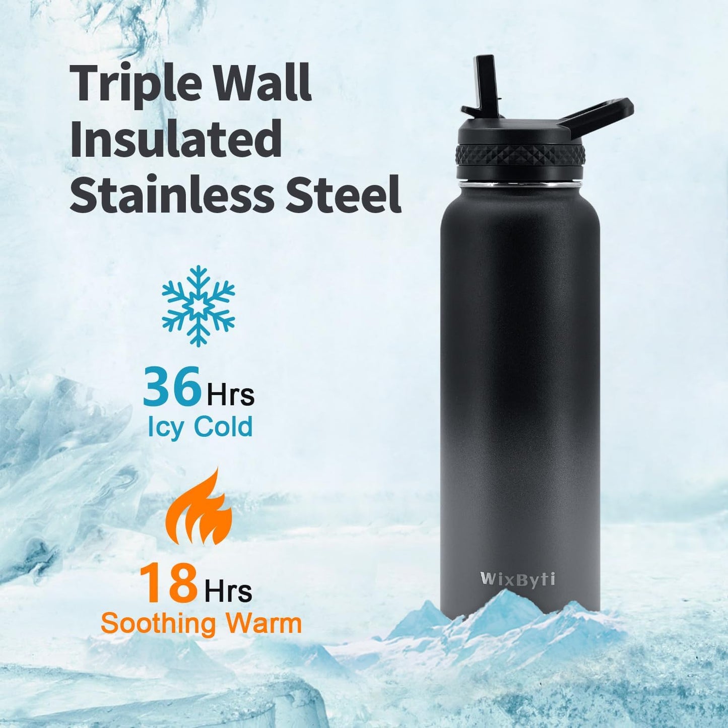 WixByti 40 oz Insulated Water Bottle with Straw (Cold for 36 Hrs), Stainless Steel Triple Wall Vacuum Sports Water Jug, Leakproof Hydro Cup Flask with Paracord Handle & Straw Spout Lids & DIY Stickers