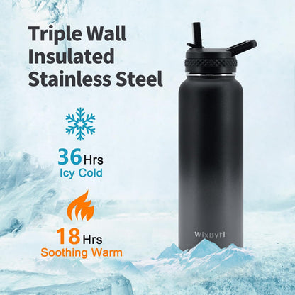WixByti 40 oz Insulated Water Bottle with Straw (Cold for 36 Hrs), Stainless Steel Triple Wall Vacuum Sports Water Jug, Leakproof Hydro Cup Flask with Paracord Handle & Straw Spout Lids & DIY Stickers