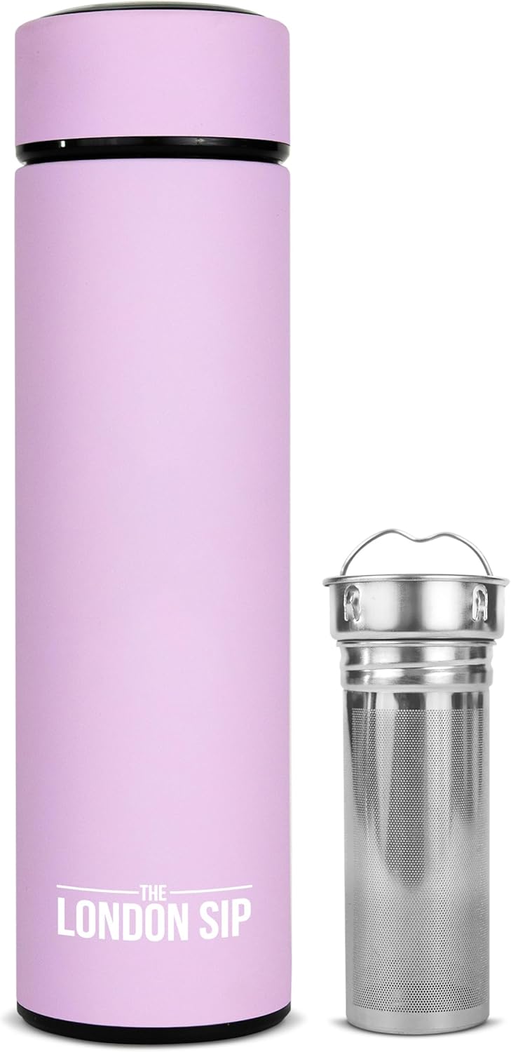 The London Sip Multi-Purpose Travel Mug and Tumbler Fruit Infused Flask Hot and Cold Double Wall Stainless Steel Thermos with Extra-Long Infuser, Purple
