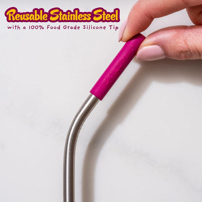 Softy Straws Premium Reusable Stainless Steel Drinking Straws With Silicone Tips + Patented Straw Cleaners and Carrying Case - 9” Long Metal With Curved Bend for 20/30/32oz Tumblers
