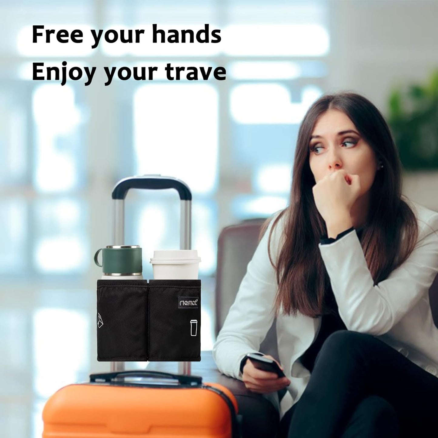 riemot Luggage Travel Cup Holder Free Hand Drink Caddy - Hold Two Coffee Mugs - Fits Roll on Most Suitcase Handles - Gifts for Flight Attendants &Frequent Travelers Accessories Black