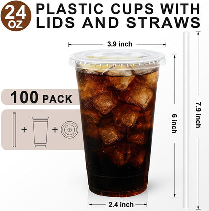 Lamosi 100 Pack 20 oz Clear Plastic Cups with Lids and Straws, Disposable Iced Coffee Cups with Lids for To-Go Cold Drinks, Smoothies and Slushie