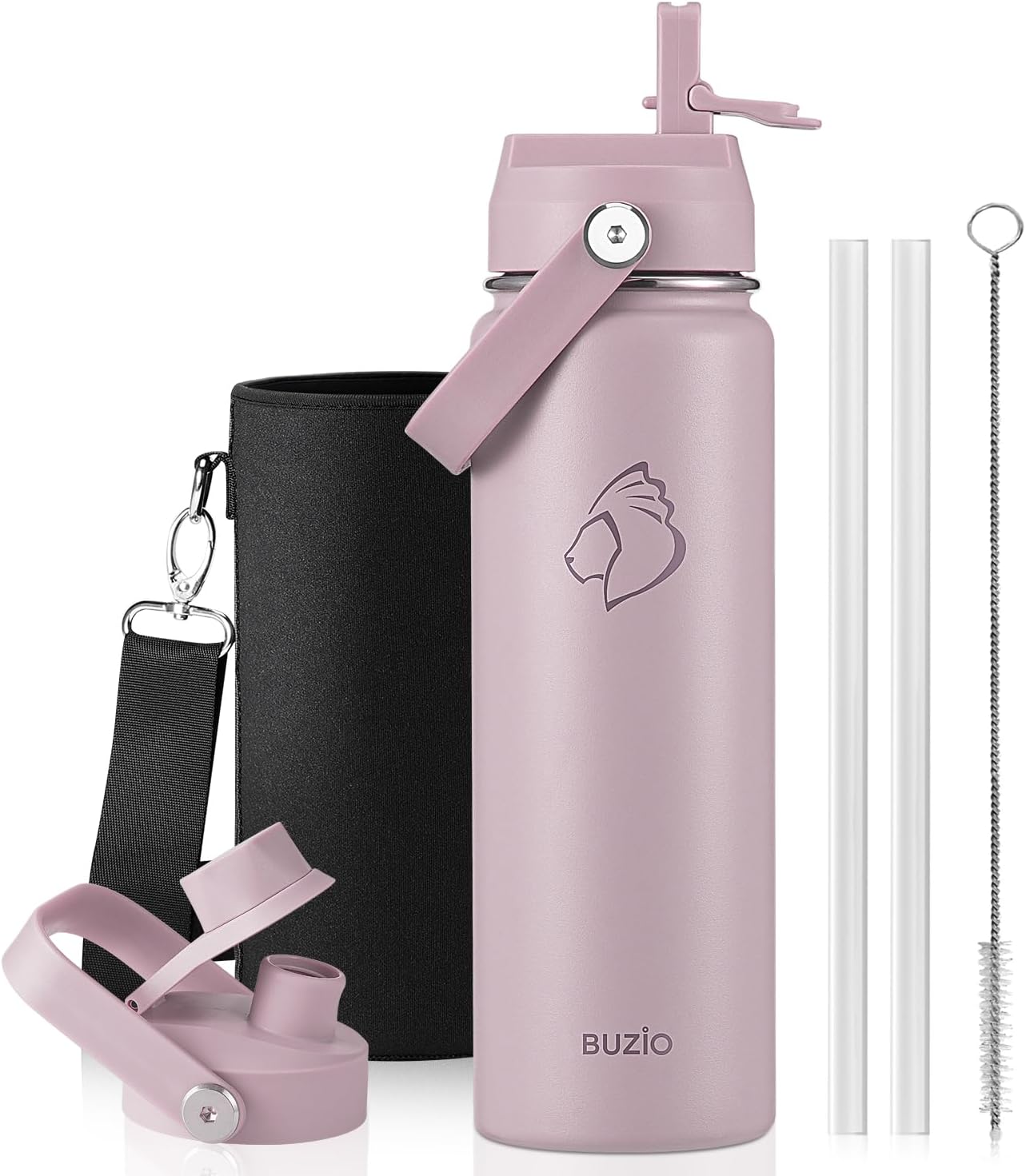 BUZIO 40oz Insulated Water Bottle, Triple Wall Vacuum Stainless Steel Water Flask with 2 lids, Lead-Free BPA-Free Straw Lid Sports Canteen Jug, Cold 48H & Hot 24H- Black - Colors A