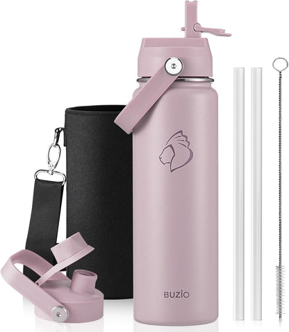 BUZIO 40oz Insulated Water Bottle, Triple Wall Vacuum Stainless Steel Water Flask with 2 lids, Lead-Free BPA-Free Straw Lid Sports Canteen Jug, Cold 48H & Hot 24H- Black - Colors A