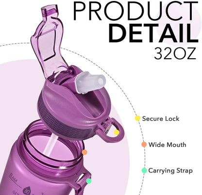 Hyeta 32oz Water Bottles with Straw - Stay Motivated and Hydrated with Convenient Times to Drink Markings, Durable, Leak-proof