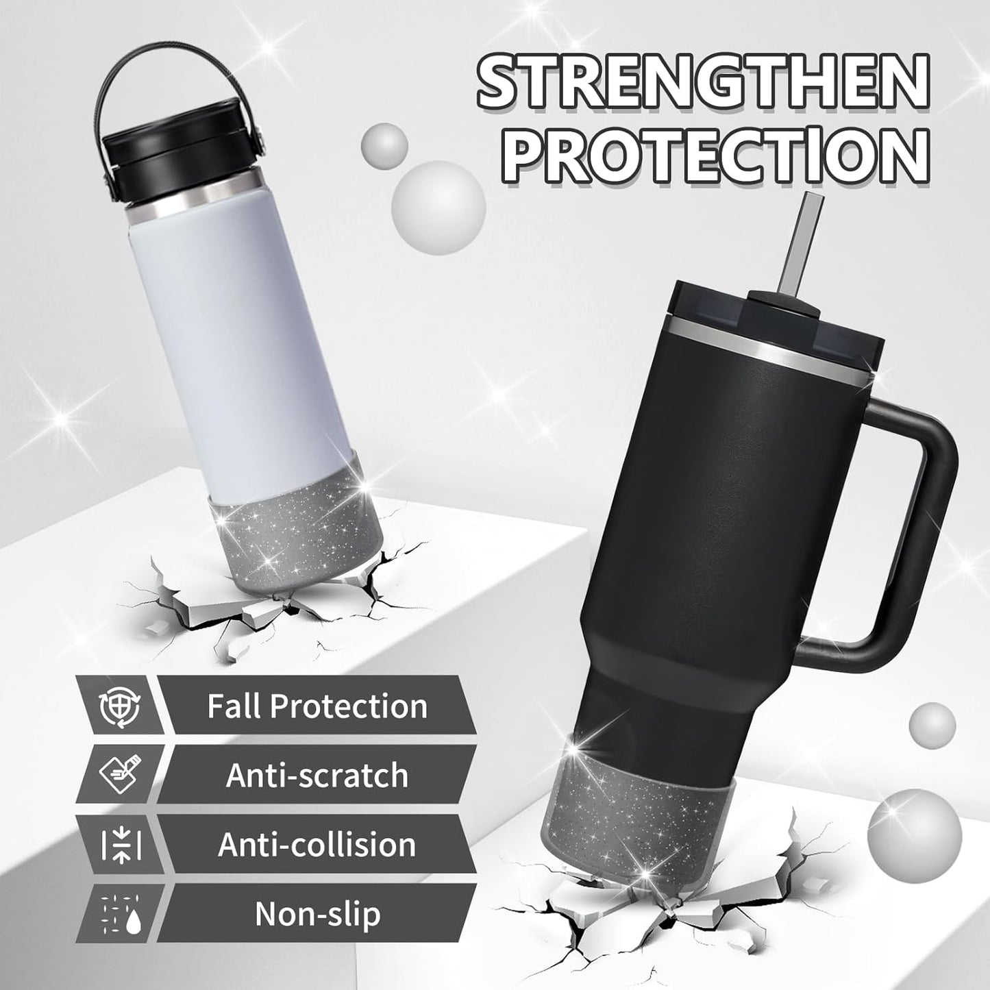 WUQID Protective Bling Silicone Boot Sleeve, Compatible with Stanley Tumbler 20-40oz & Hydro Flask Bottle 12oz-24oz, Glitter Reduces Dents Sleeve Cover for More Bottles/Tumblers Bottom of 2.83-2.95in