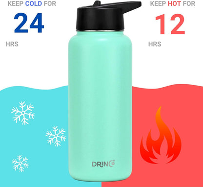 Drinco Stainless Steel Water Bottle Spout Lid Vacuum Insulated Double Wall Water Bottle Wide Mouth (40oz 32oz 22oz 18oz 14oz) Leak Proof Keep Cold Sport Camping Hiking (22 oz, 22oz Black)