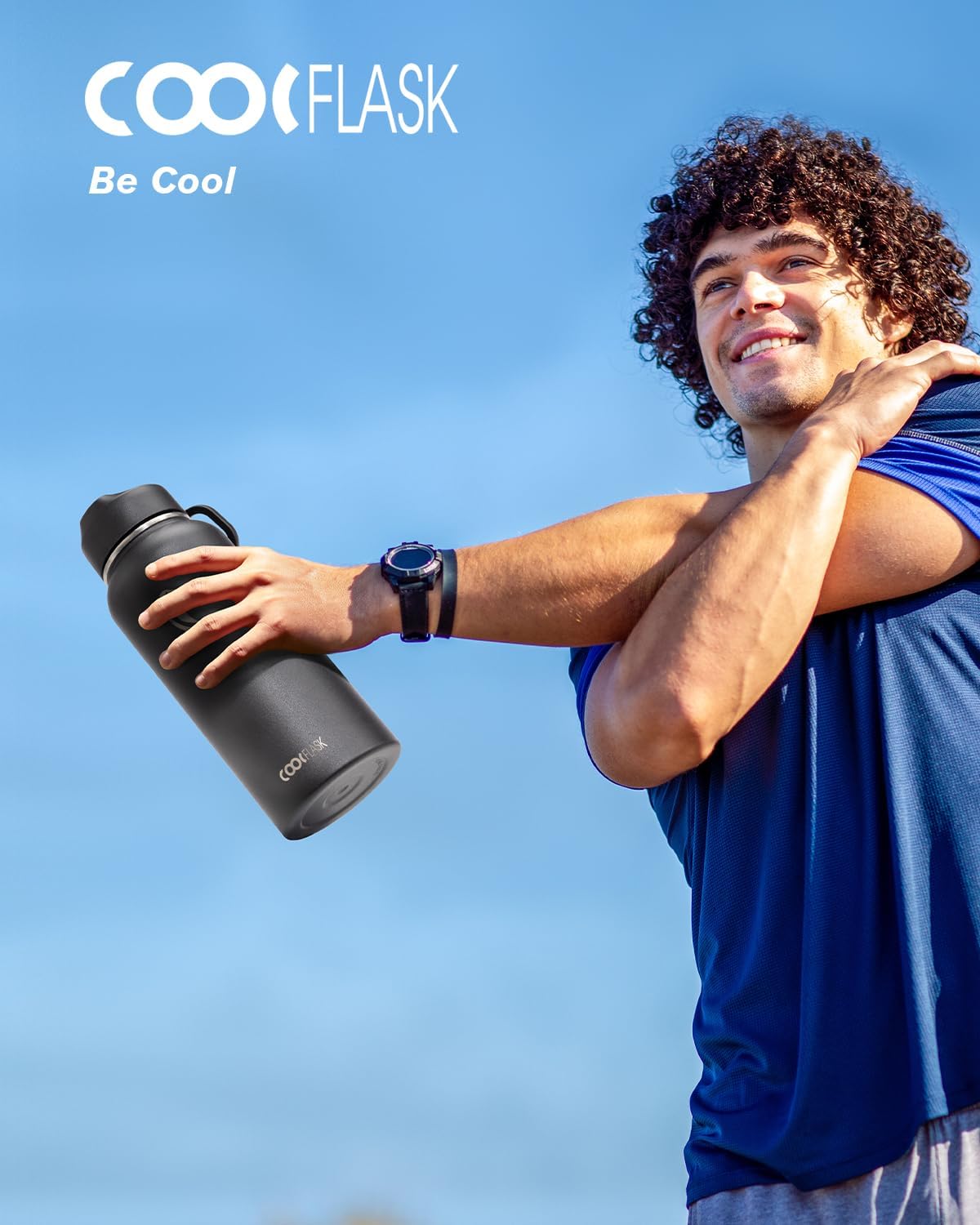 Half Gallon Water Bottle Insulated with Straw & 3 Lids, Coolflask 64 oz Water Jug Large Metal Stainless Steel Wide Mouth for Sports, Gym or Office, Non-BPA Keep Cold 48H Hot 24H, Samurai Cyan