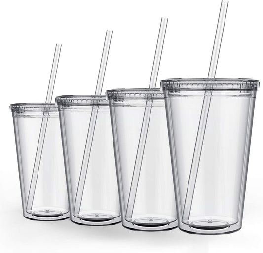 Maars Classic Clear Tumbler with Lid and Straw | 16oz Premium Acrylic, Insulated Double Wall Plastic Reusable Cups, BPA-Free To Go Cups for Ice Coffee, Fruit Teas & Water