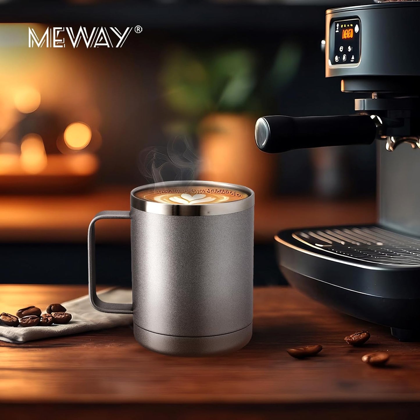 MEWAY 12oz Coffee Mug With Handle and Sliding Lid,Stainless Steel Travel Tumbler Cup with Handle,Double Wall Vacuum Insulated Camping Cup for Hot & Cold Drinks Tea (Black,Set of 1