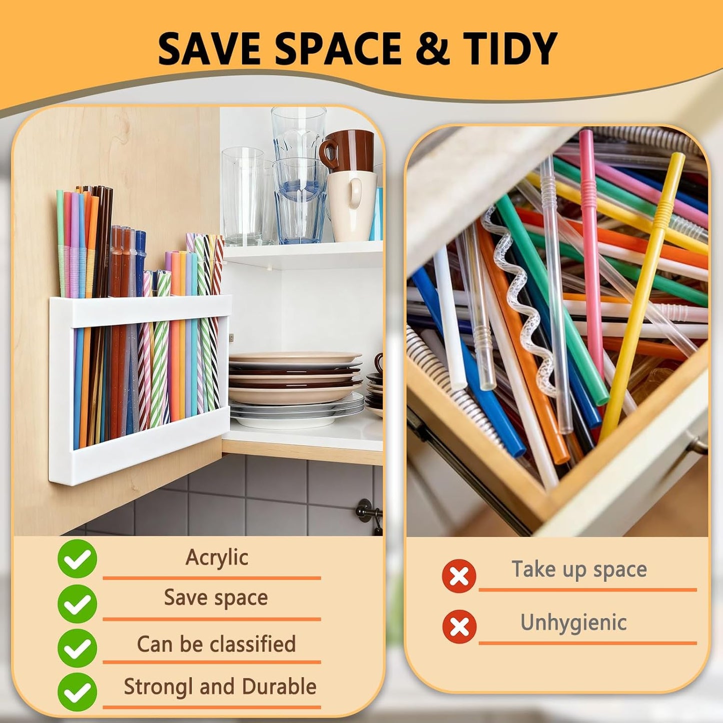 New Upgrade 9.5" Large Acrylic Straw Holder for Cabinet Door-Reusable Tumbler Straw Organizer Storage,Small Kitchen Organizers and Storage Accessories Container,Ultra Sticky Cupboard Door Mounted