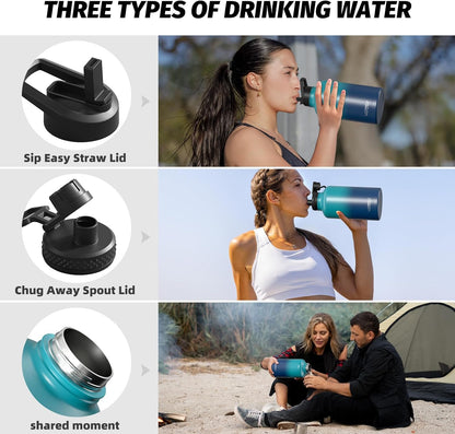 40oz Insulated Water Bottle (Cold for 48 Hrs),BPA Free&Leak Proof,Stainless Steel Water Flask,Water Jug with Straw Spout Lids for Gym,Hiking,Travel,Black Blue
