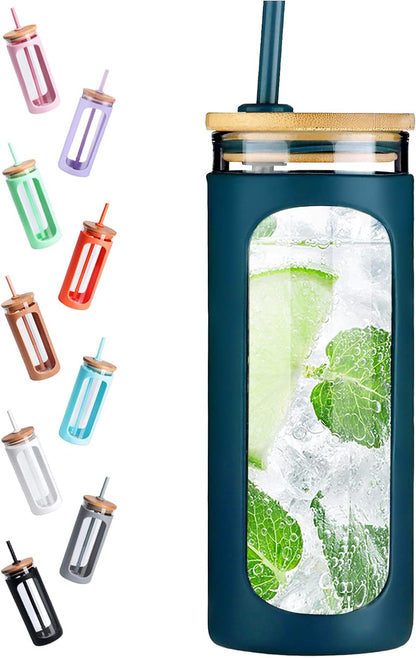 Kodrine 20oz Glass Water Tumbler with Straw and Lid, Bamboo Lids Water Bottle, Iced Coffee Cup Reusable, Wide Mouth Smoothie Cups with Protective Silicone Sleeve BPA FREE-Black - Colors A