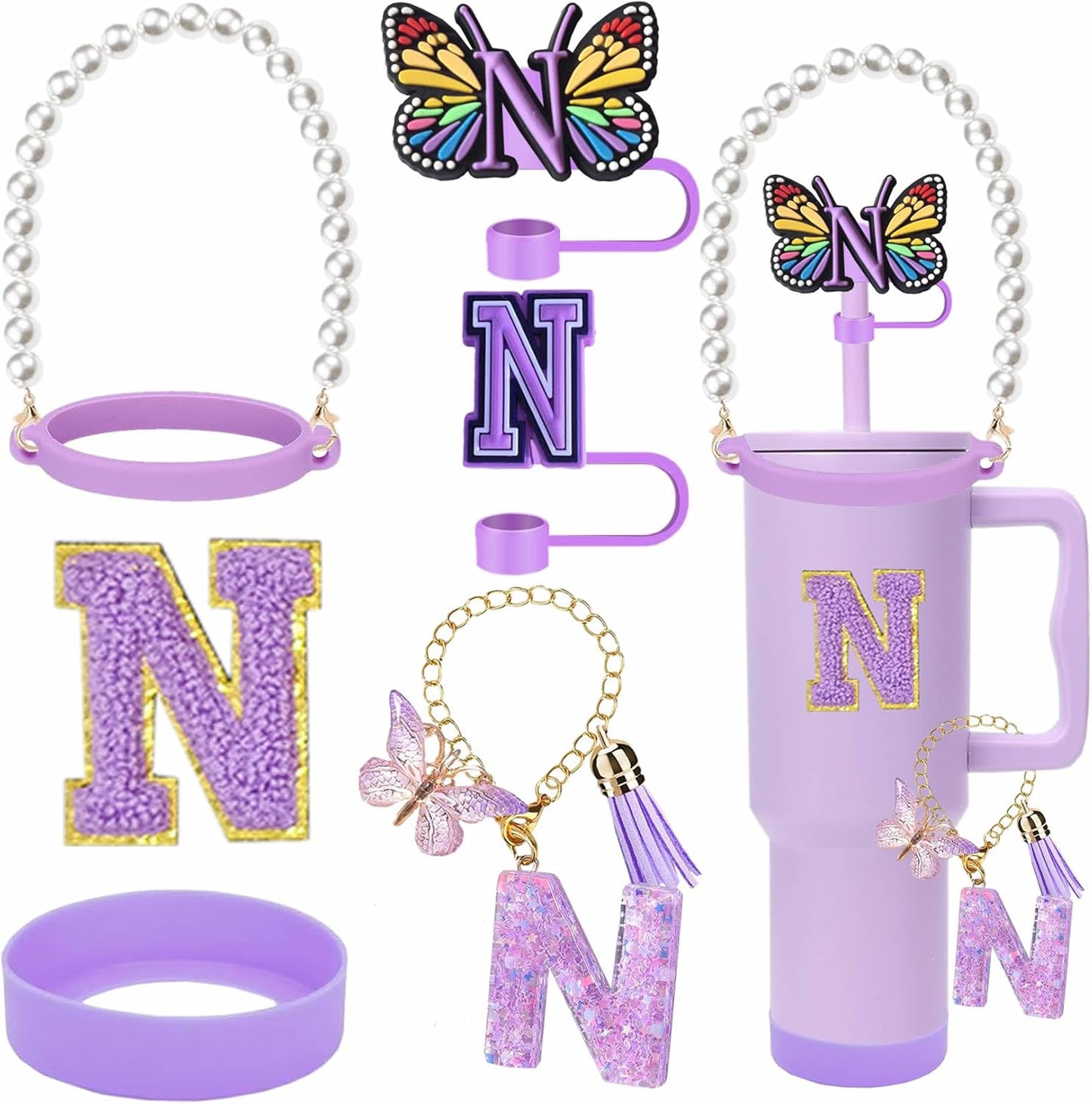 7pcs Cup Accessories for Stanley 30/40oz Tumbler, Handle Strap, Straw Cover, Silicone Boot, Letter Charm Stickers
